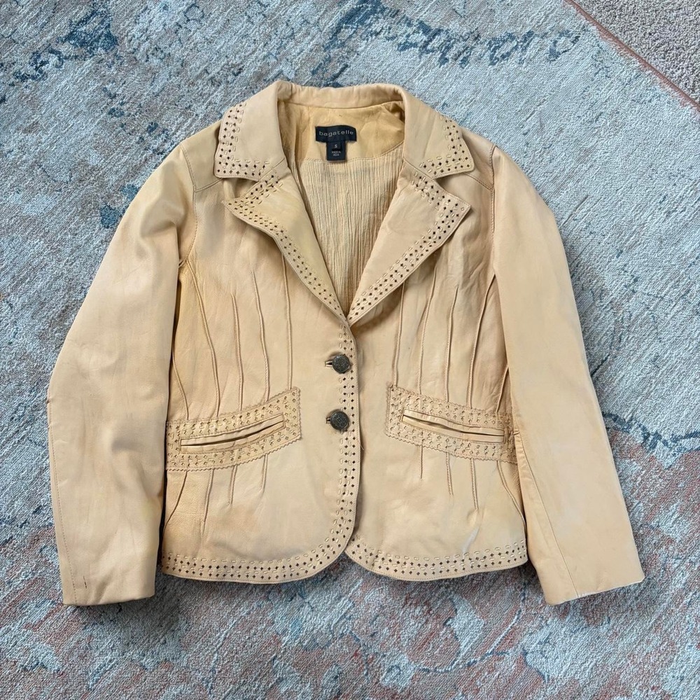 Bagatelle Vintage Cream Leather Jacket Star Studded Perforated Tan Biker Small